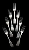 A group of seven George III silver Fiddle pattern forks