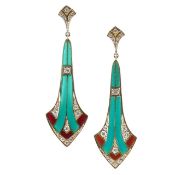A pair of plique-a- jour enamel and diamond ear drops