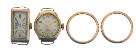 Two 9ct gold wedding bands, and two 9ct gold watch heads