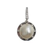 A 10.5mm natural saltwater pearl diamond set pendant