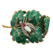 An enamelled leaf and gem set insect brooch