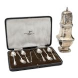 A George V silver sifter and a cased set of teaspoons