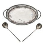 A Russian silver tray and a pair of teaspoons