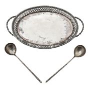 A Russian silver tray and a pair of teaspoons