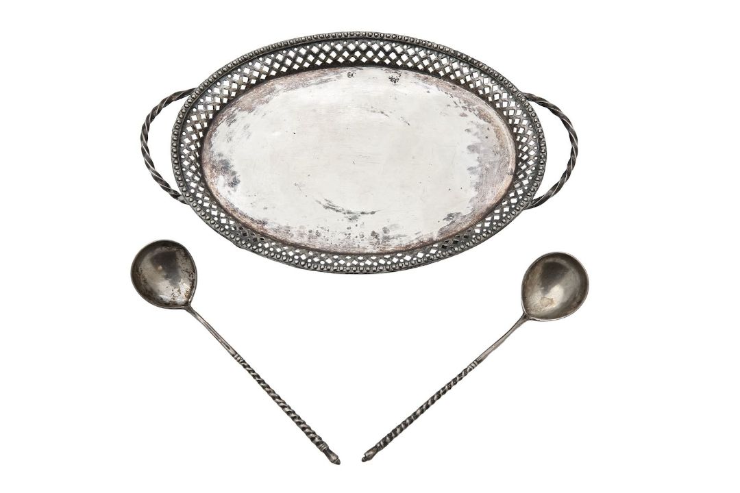 A Russian silver tray and a pair of teaspoons - Image 1 of 4