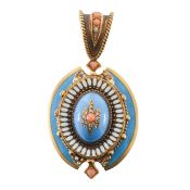A mid Victorian Etruscan Revival enamel, yellow gold and gem-set pendant