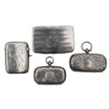 A Victorian silver snuffbox, two sovereign holders and a vesta case