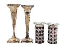 Two pairs of silver mounted vases