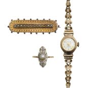 A Victorian seed pearl bar brooch, ring and ladies watch
