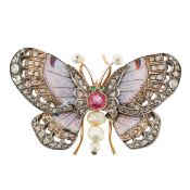 An enamel, pearl and gem-set butterfly brooch