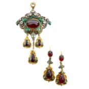 A garnet, beryl or chrysoberyl and yellow gold composite demi parure