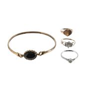 A 9ct diamond ring, a 9ct bangle and two more