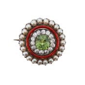 A demantoid garnet, red enamel, diamond and seed pearl target brooch