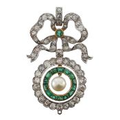 An emerald, pearl and diamond pendant