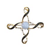 A star sapphire, enamel and diamond brooch