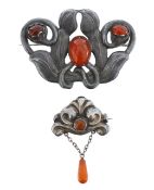 Two Danish Art Nouveau silver and amber brooches