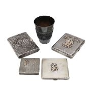 A group of four Eastern European silver cigarette cases and a beaker