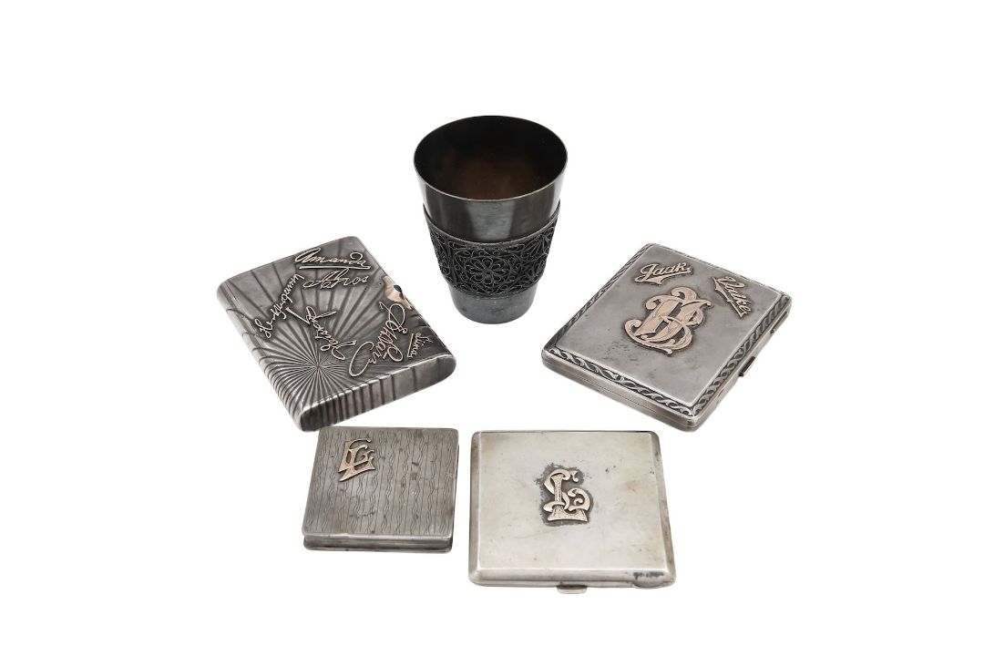 A group of four Eastern European silver cigarette cases and a beaker - Image 1 of 4