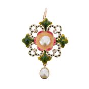 An Alfred Philips pearl and diamond and enamel pendant brooch