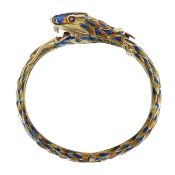 A Continental enamel hinged serpent bangle