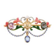 An Art Nouveau multi-sapphire, pearl and polychrome enamel brooch