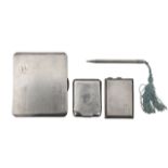 Three silver card cases, and a silver propelling pencil