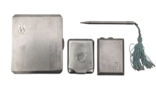 Three silver card cases, and a silver propelling pencil