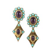A pair of amethyst, turquoise enamel and gold ear pendants