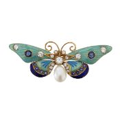 A sapphire, diamond and enamel butterfly brooch