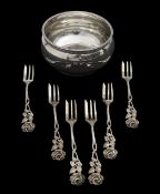 A George V silver bowl, and a set of German silver cake forks