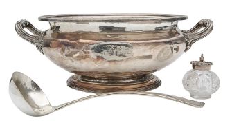 The Grand Folkstone Hotel: a silver plated tureen, ladle and scent bottle