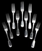 A group of nine 19th century silver Fiddle pattern forks