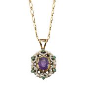 An amethyst, enamel, seed pearl and emerald pendant necklace