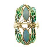 A plique-a-jour enamel and opal dragonfly ring