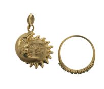 An Italian moon and sun pendant, and an 18ct gold, emerald and diamond ring