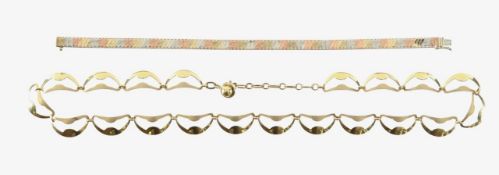 A three coloured gold bracelet and fancy link necklace