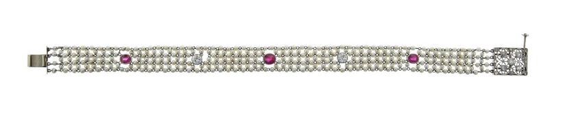 A Belle Époque pearl ruby and diamond mesh bracelet