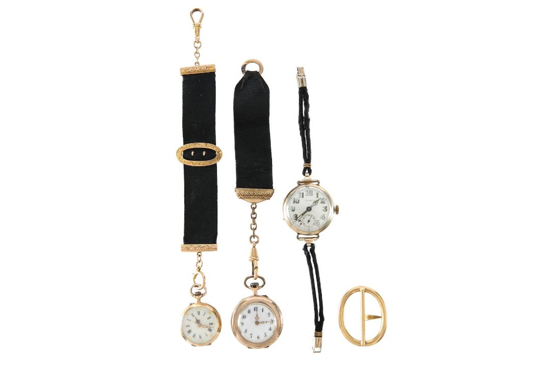 Two gold pocket watches, a lady's wristwatch and buckle
