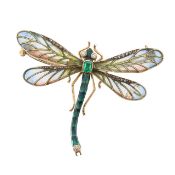 An Art Nouveau enamel and gem set plique-a-jour dragonfly brooch