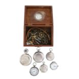 A group of six silver pocket watches, and a box of winders