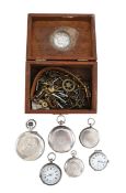 A group of six silver pocket watches, and a box of winders
