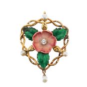 A diamond, pearl and enamelled pendant brooch