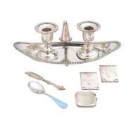 Three silver vestas, a silver knife and spoon, and a silver-plated inkwell