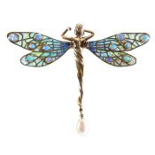 A plique-a jour enamel, opal and cultured pearl dragon fly brooch