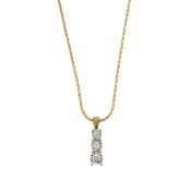 A three stone diamond trilogy pendant on an 18ct gold chain