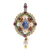 A sapphire, gold, enamel and pearl Holbeinesque pendant