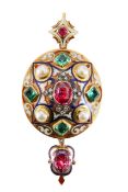 A mid Victorian gem-set, pearl and enamel Holbeinesque pendant/locket
