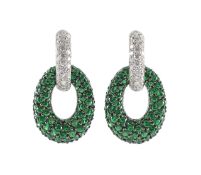 A pair of green garnet and diamond bombe ear pendants