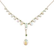 An Edwardian graduated opal and demantoid garnet pendant necklace