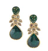 A pair of green enamel, diamond and emerald set ear set pendants